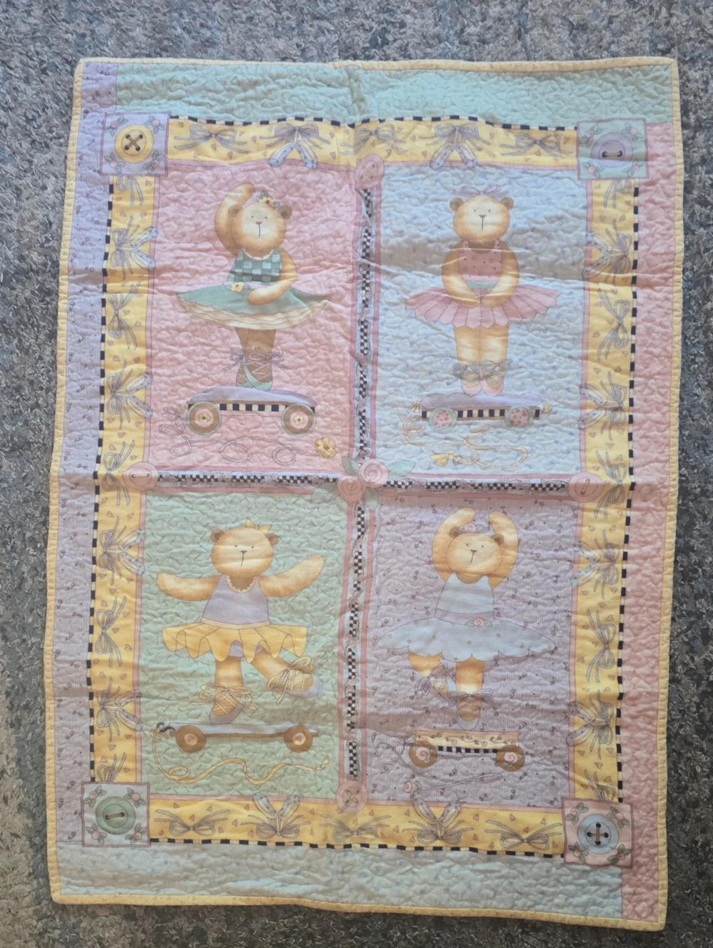 Children's Pastel Ballet Bear Play Quilt - Pink, Mint, Yellow